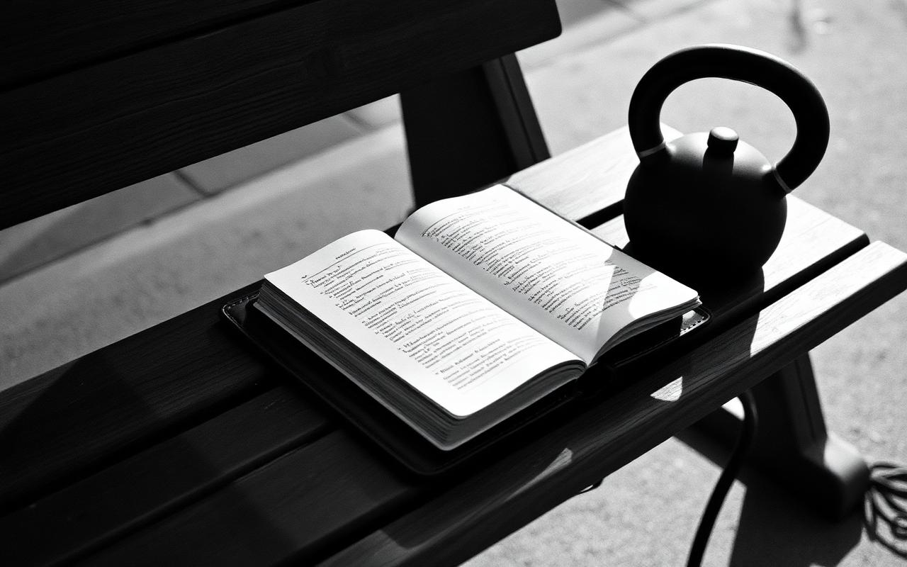 A worn notebook open beside a kettlebell on a wooden bench.