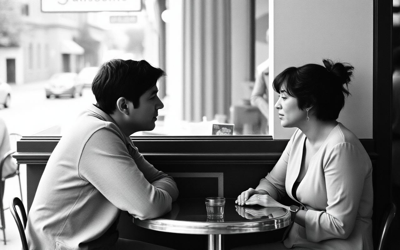 Two people talking across a small cafe table.