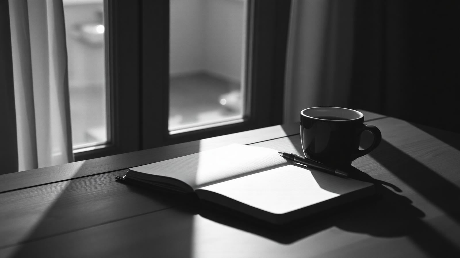 Notebook, pen, and a cup of coffee on a sunlit table — a quiet moment before the call.