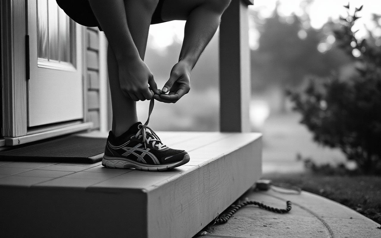 A runner lacing trail shoes on a porch step at dawn.
