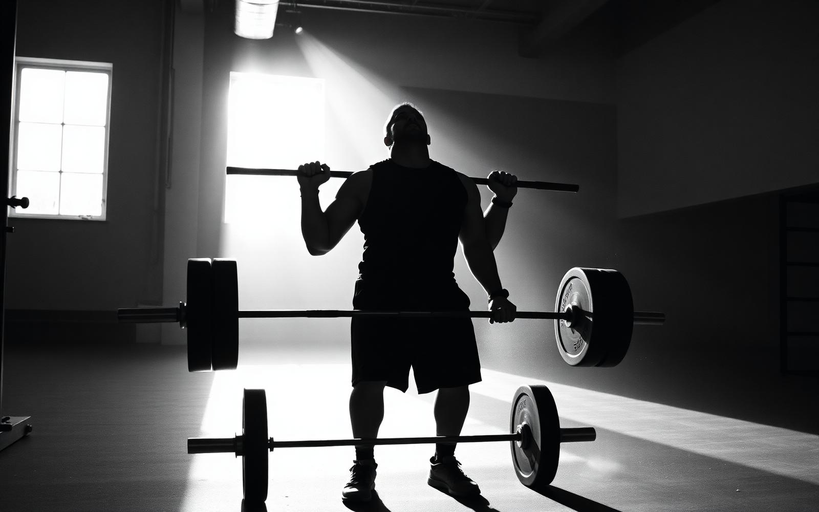 Athlete pressing a barbell overhead in a sunlit gym.