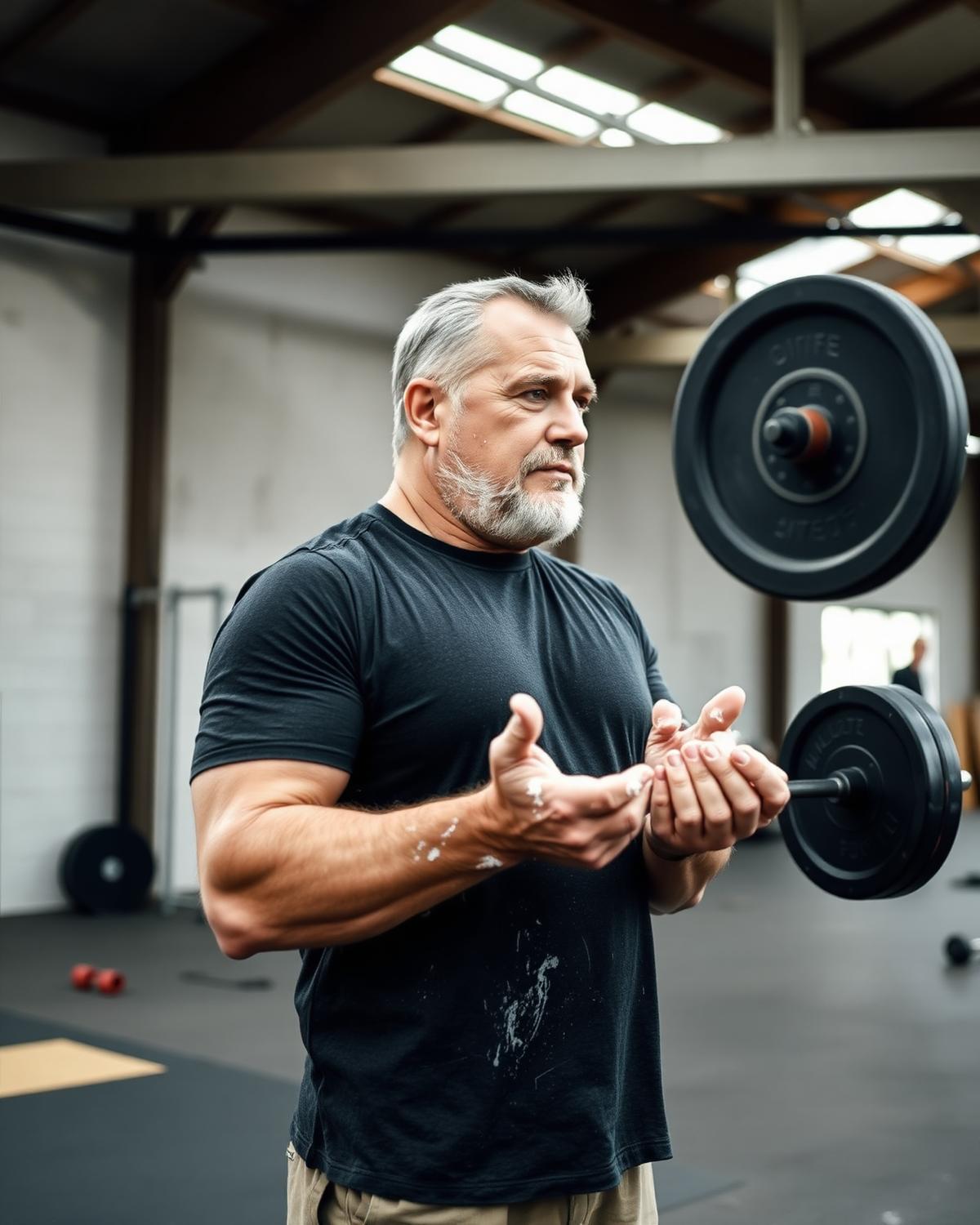 David chalking his hands before a deadlift in a warehouse gym.