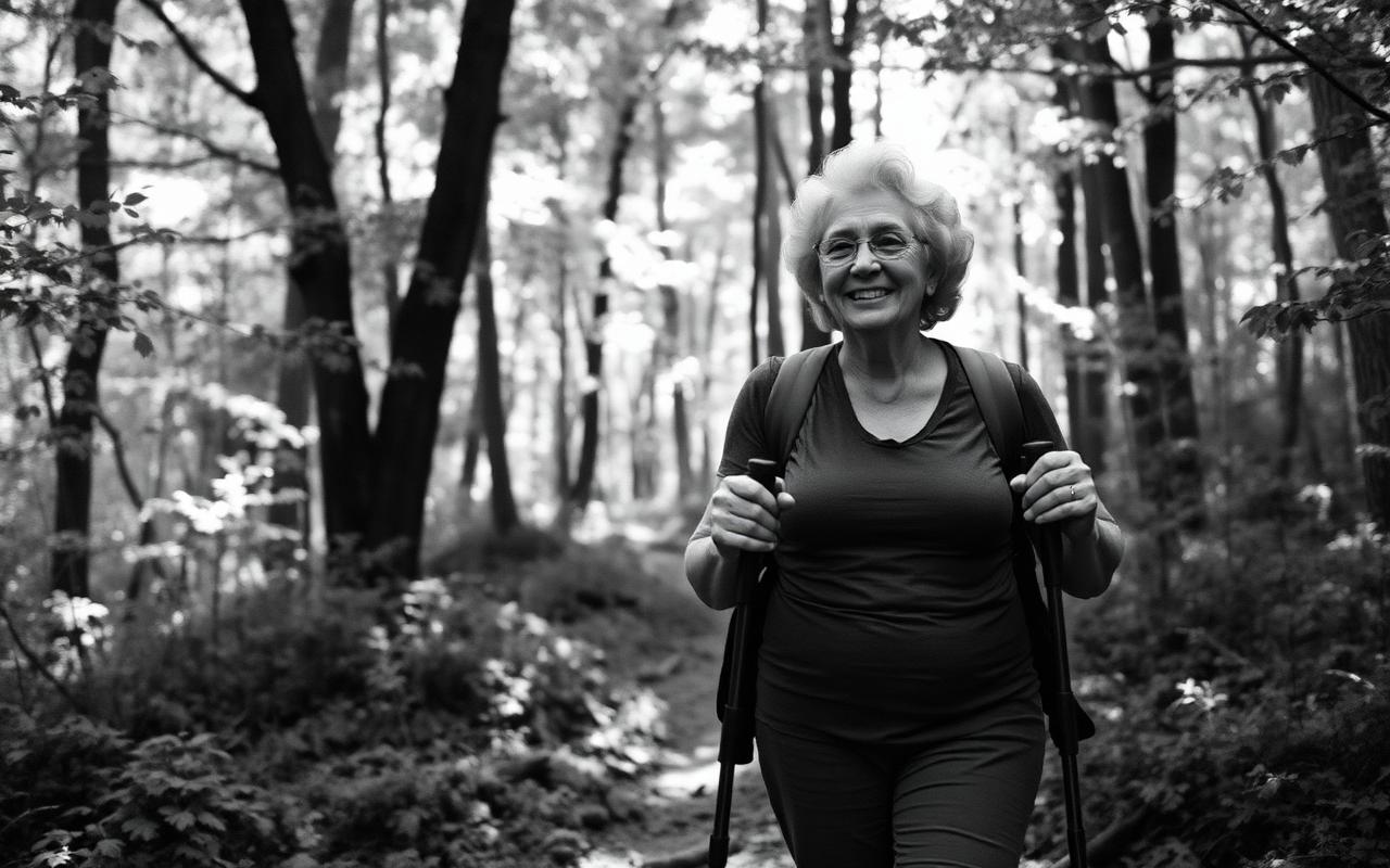 Older woman smiling while hiking a forest trail.