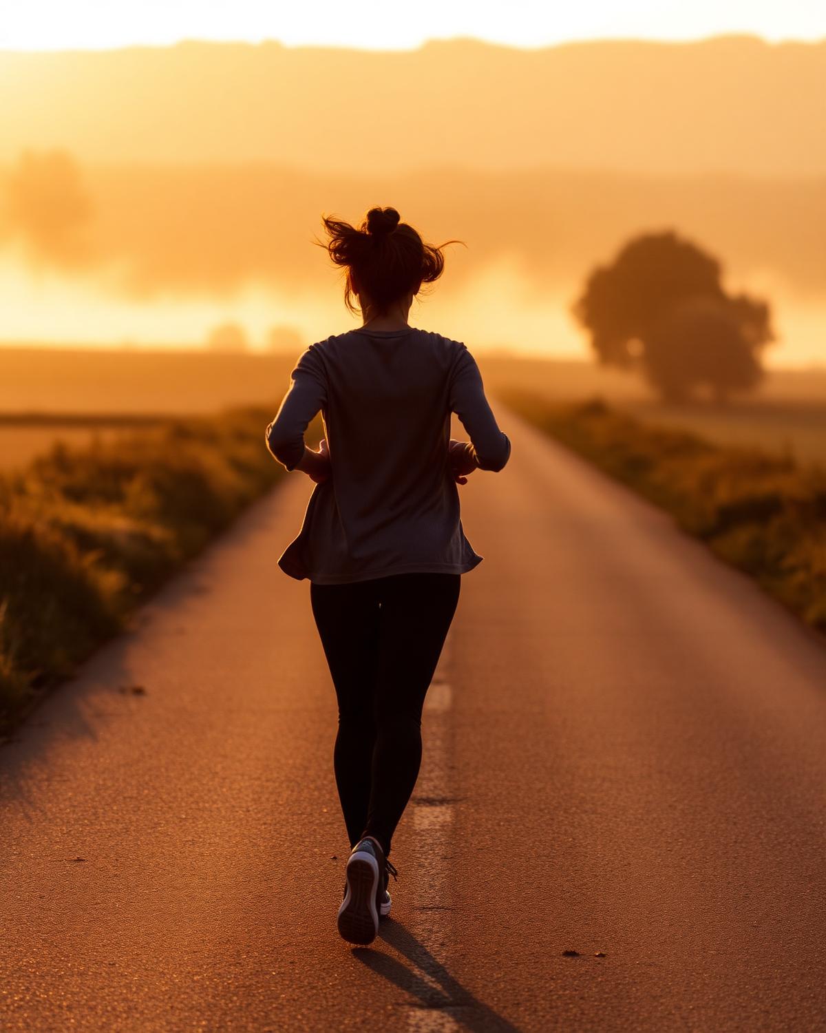 Mara running on a quiet country road at sunrise.
