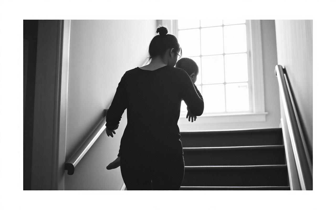 Mother carrying a toddler up a sunlit staircase.