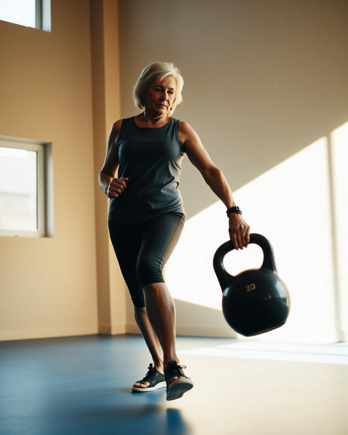 Priya carrying a kettlebell across a sunlit gym floor.