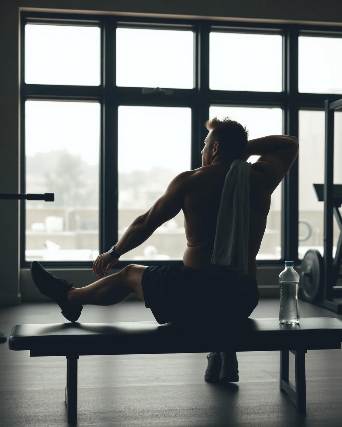 Tom resting on a bench at the end of a training session, looking out a tall window.