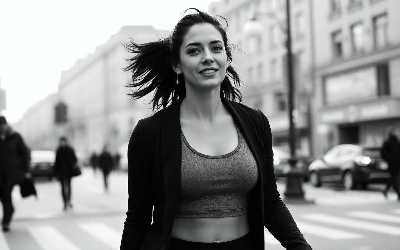 Woman walking with confidence through a city street at dawn.