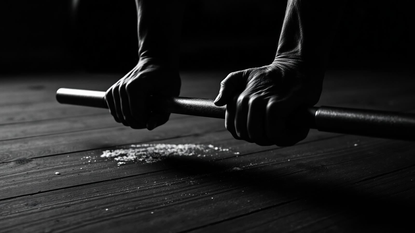 Chalked hands gripping a barbell on a wooden gym floor.
