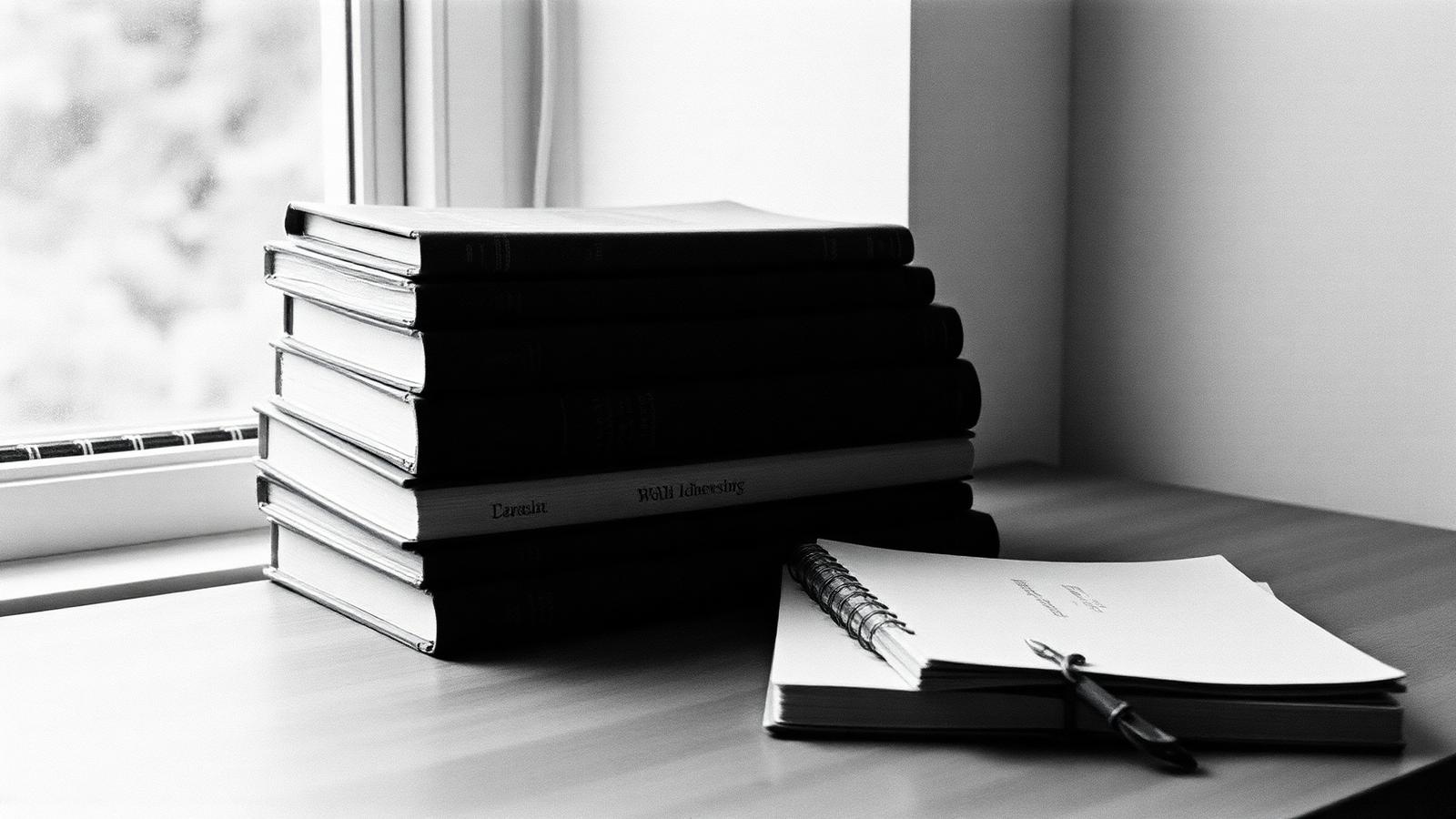 Stack of books and a notebook beside a sunlit window.